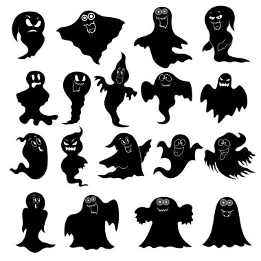 Koleksiyon, on sekiz siyah hayalet şablonlar çeşitli karakterler ile uçan eğlenceli çizgi film Halloween vektör çizim, beyaz bir arka plan izole