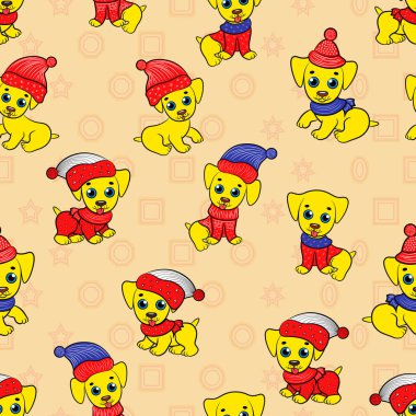 Kesintisiz çizgi film çocuk vektör desen Santa giyim, bej arka planda eğlenceli küçük köpeklerle ayrı ayrı kullanılabilir