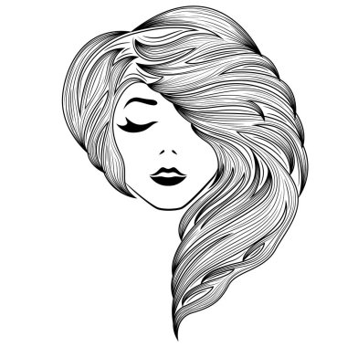 Güzel genç bir bayanla kapalı göz ve şık saç, el boğulmak detaylı vektör illüstrasyon izole beyaz arka plan üzerinde