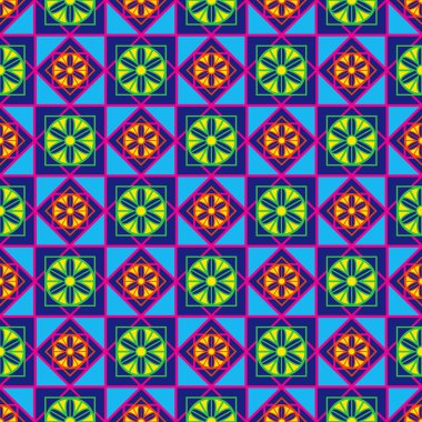 Geometrik sorunsuz çok renkli vektör desen stilize çiçekler, çizgiler ile daireler