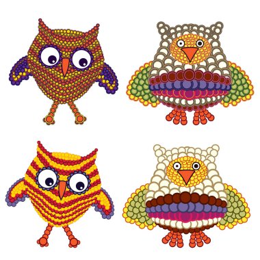 Beyaz arka plan üzerinde vektör illüstrasyon izole daireler ile komik süslü baykuşlar kümesi