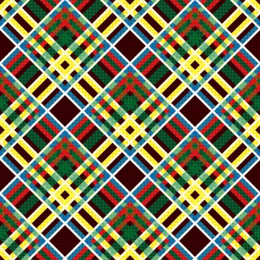 Koyu kırmızı arka plan, bir kumaş doku olarak vektör üzerinde parlak kırmızı, sarı, yeşil ve mavi çizgiler birbirinin içine girme ile Dikişsiz Kareli desen