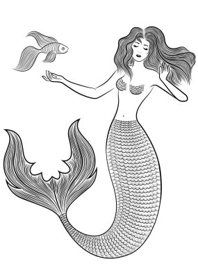 Rüya gibi merak ediyorum Mermaid lüks serbest dalgalı saçlı ve uzun kuyruk ölçekler ve balıkla illüstrasyon vektör