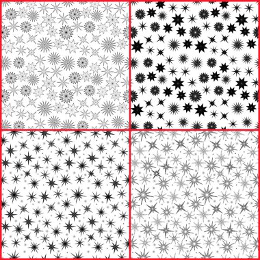Dört sorunsuz vektör desenleri ile çeşitli yıldız beyaz arka plan üzerinde izole kırmızı ile ayrılmış