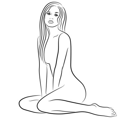 Oturma ve poz, güzel Asyalı kadın el boğulmak vektör anahat