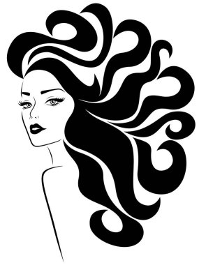 Uzun dalgalı lüks saçlı rüzgar ile belirgin gözler ve dudaklar, akan göz alıcı Bayan el kozmetik ürünleri tasarımı için çizim vektör