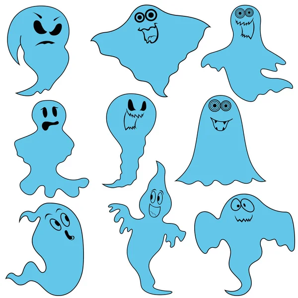Set Nine Amusing Blue Ghosts Various Characters Isolated White Background — Stock Vector