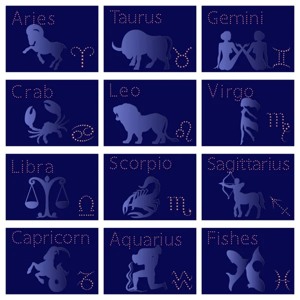 Set Twelve Silhouettes Zodiac Signs Vector Illustration Aries Taurus Gemini — Stock Vector