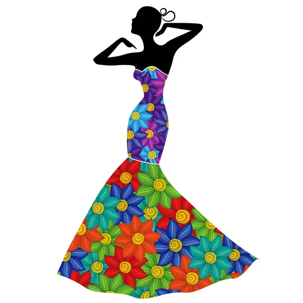 Atractiva Dama Elegante Vestido Largo Con Flores Colores Aislados Fondo — Vector de stock