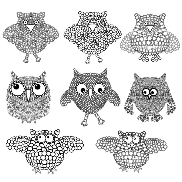 Set Eight Amusing Ornate Black White Owls Circles Isolated White — Stock Vector