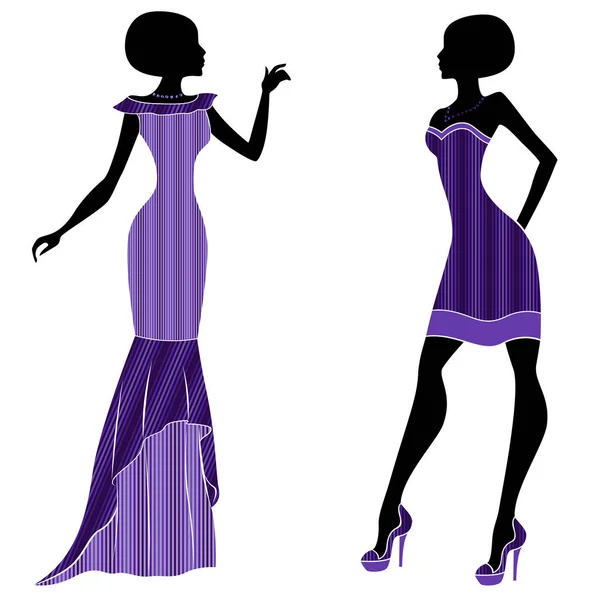 Graceful Young Ladies Long Short Dresses Stylish Violet Hues Vector — Stock Vector