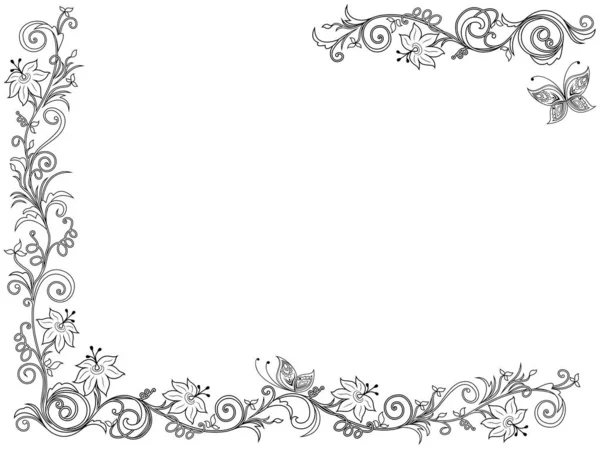 Sierlijke Swirl Floral Frame Met Bloemen Vlinder Witte Achtergrond Als — Stockvector