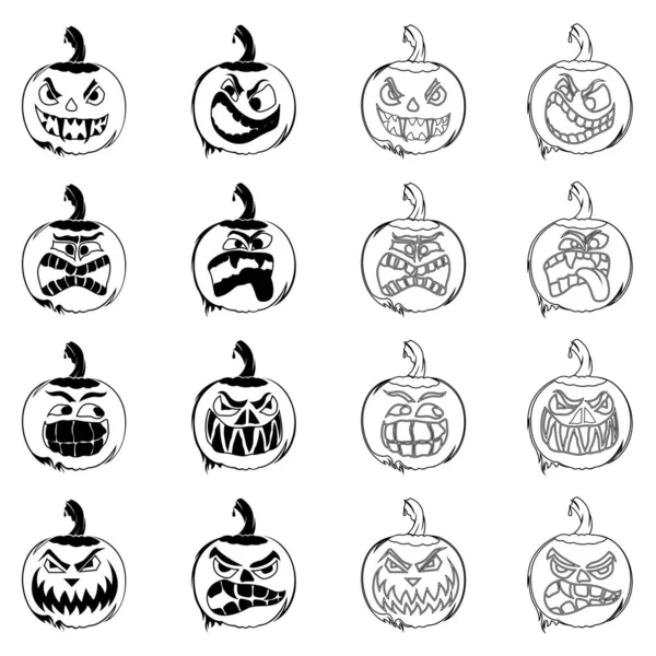 Zestien Pompoenen Voor Halloween Set Gestileerde Silhouetten Geïsoleerd Witte Achtergrond — Stockvector