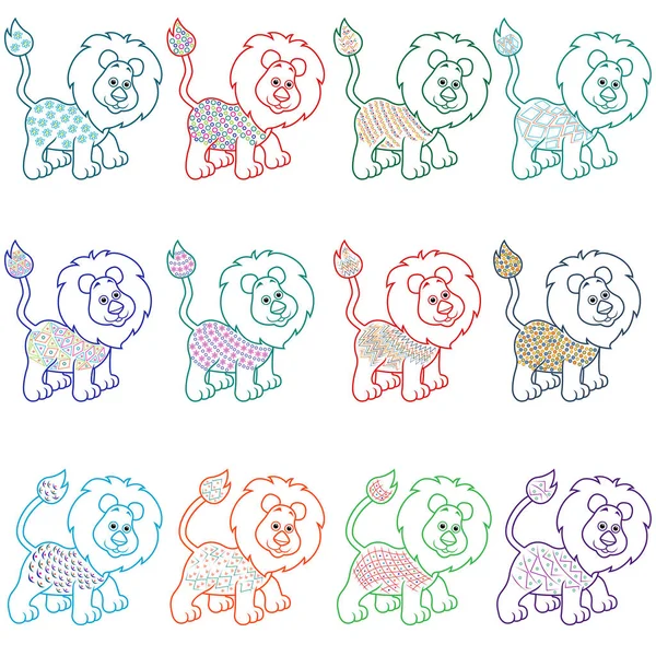 一套12有趣的卡通狮子与各种各样的装饰设计元素 向量例证 — 图库矢量图片