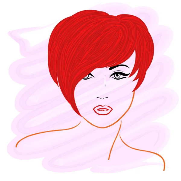 女孩与短的红色头发 手图画颜色向量例证与刷子作为水彩图片在粉红色 — 图库矢量图片