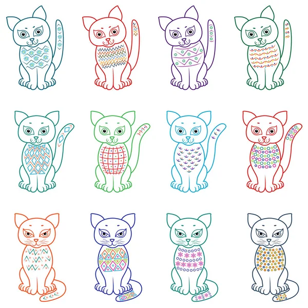 Uppsättning Tolv Underhållande Tecknade Katter Med Olika Dekorativa Designelement Vektorillustration — Stock vektor