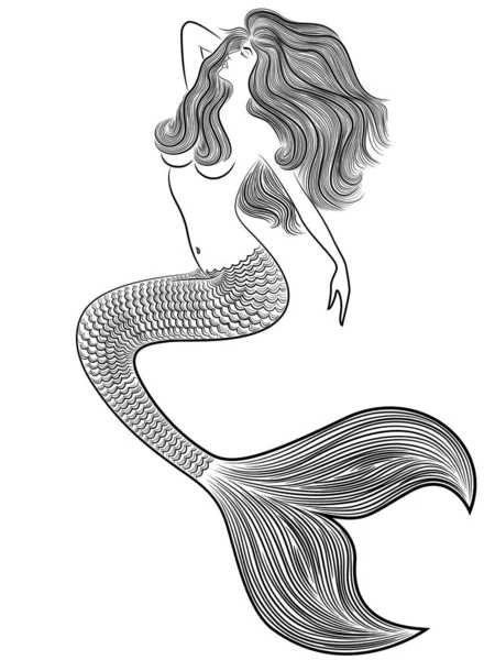 Dreamy Slender Wonder Mermaid Luxurious Wavy Hair Long Scales Fish — Stock Vector