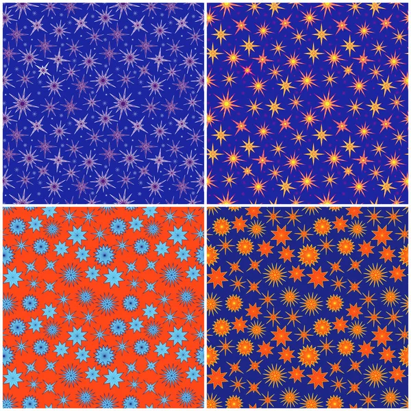 Set Four Seamless Vector Patterns Various Stars Isolated Color Backgrounds — Stock Vector