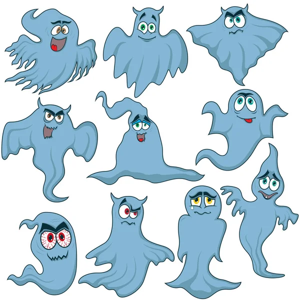 色面白いハロウィーン幽霊漫画ベクトル図 白地に分離された様々 なキャラクターとのセット — ストックベクタ