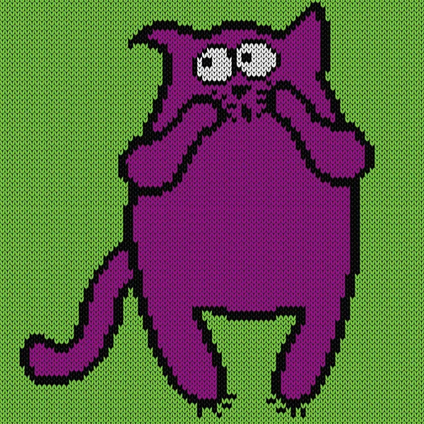 Amusing Surprised Magenta Cat Green Background Knitting Vector Pattern Fabric — Stock Vector