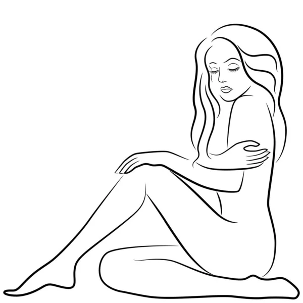 Attractive Shy Graceful Girl Sitting Her Eyes Closed Sketch Style — Stock Vector