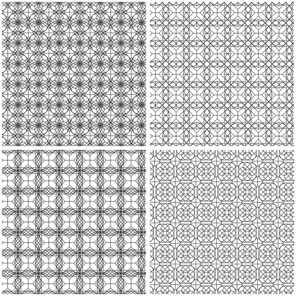 Conjunto Cuatro Patrones Abstractos Malla Sin Costura Con Líneas Negras — Archivo Imágenes Vectoriales