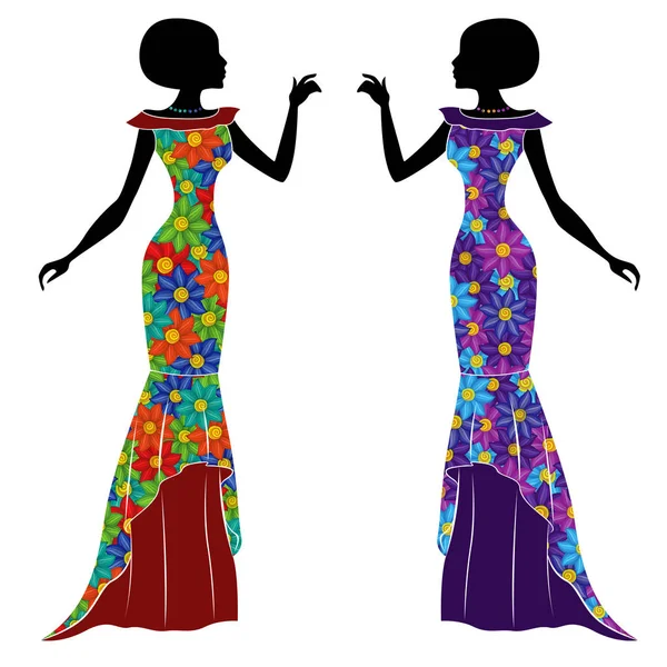 Graceful Stylish Young Ladies Long Gown Motley Multicolor Flowers Vector — Stock Vector