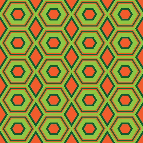 緑とオレンジ色の同心円状の六角形の要素幾何学的形状の抽象的なシームレス パターン — ストックベクタ