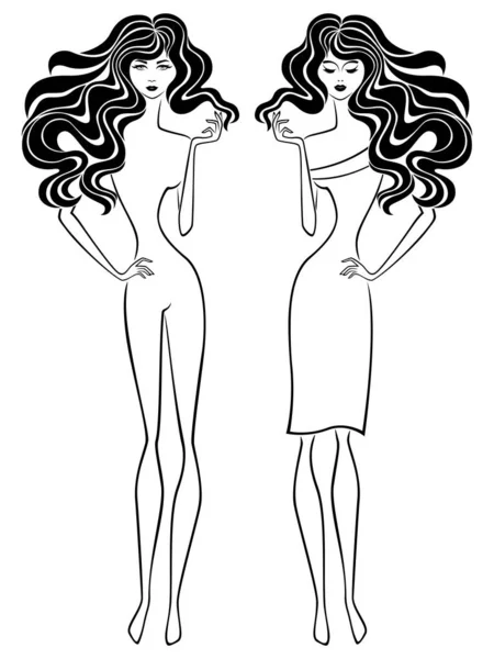 Две Привлекательные Стильные Молодые Женщины Волнистыми Роскошными Волосами Потоке Белом — стоковый вектор
