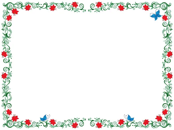 五颜六色的华丽的漩涡花框架与花和蝴蝶在白色背景作为贺卡向量例证 — 图库矢量图片