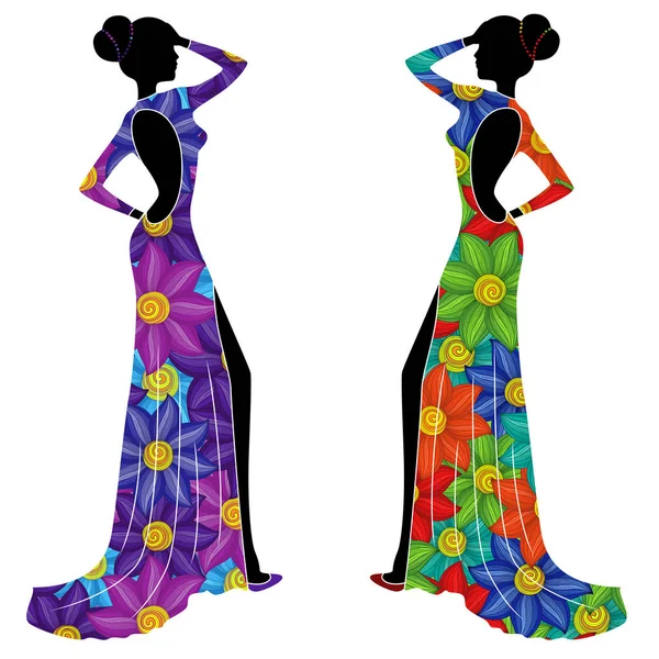 Belles Dames Gracieuses Robes Longues Avec Grandes Fleurs Colorées Isolées — Image vectorielle