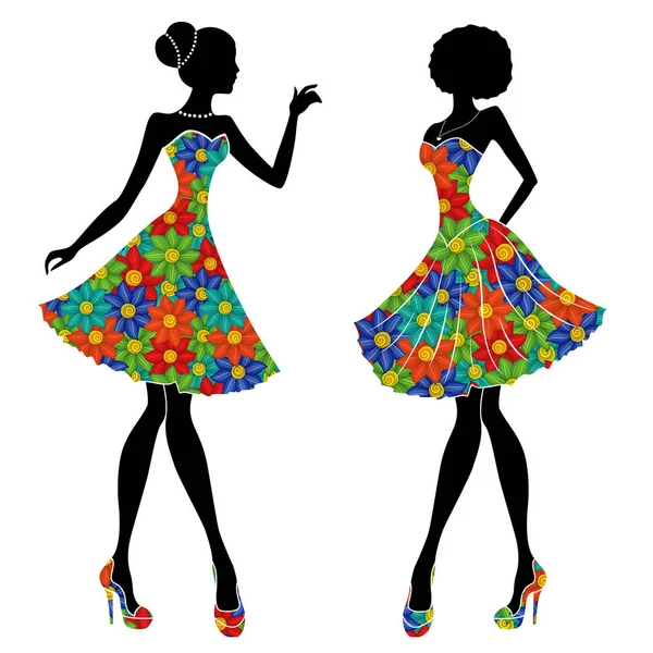 Изящные Стильные Молодые Модели Коротких Платьях Разноцветными Цветами Векторные Трафареты — стоковый вектор