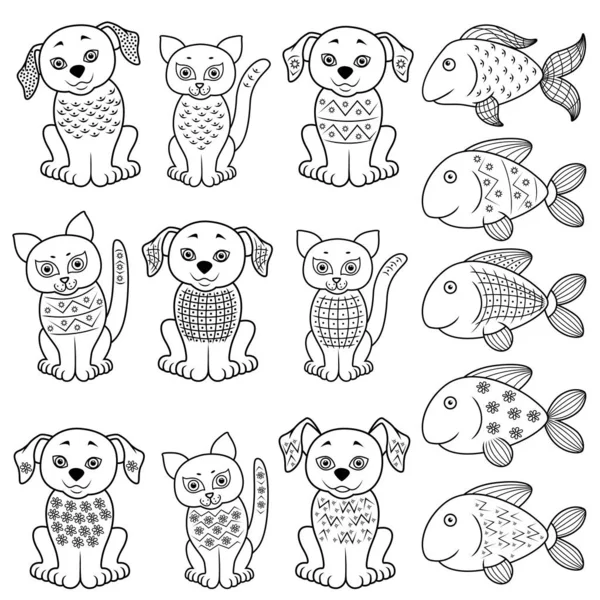 Ensemble Chats Dessin Animé Amusants Chiens Poissons Avec Divers Éléments — Image vectorielle