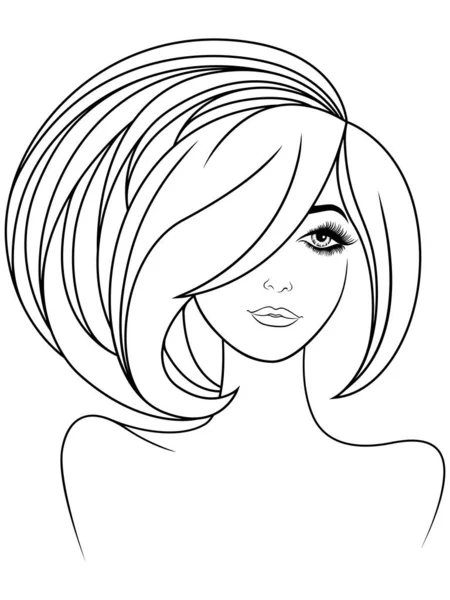 迷人的女孩与豪华的头发和富有表现力的眼睛和嘴唇在白色背景的黑色轮廓 — 图库矢量图片