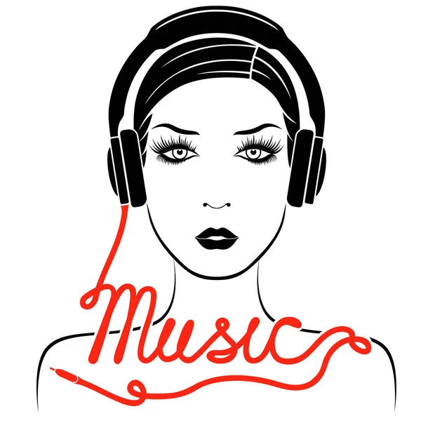 ヘッドフォン マイクと碑文は オンライン音楽サービスの概念ベクトル アウトラインとして赤いケーブルの女の子 — ストックベクタ