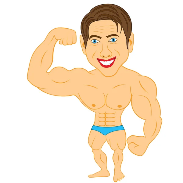 Geglimlacht Bodybuilder Man Toont Zijn Lichaam Kleur Cartoon Vectorillustratie — Stockvector