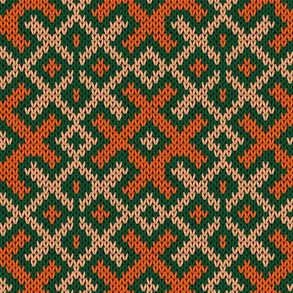 Knitted Seamless Vector Ornate Pattern Green Orange Beige Colors Fabric — Stock Vector