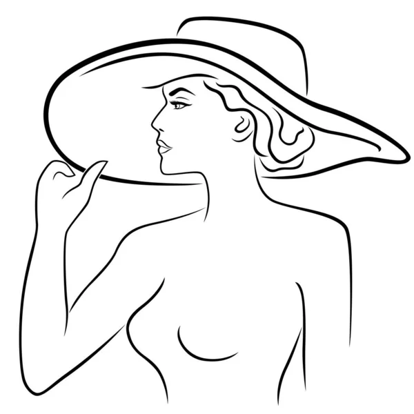 Geniş Ekledi Şapkalı Güzel Kadınlar Çizim Renk Vektör Anahat — Stok Vektör