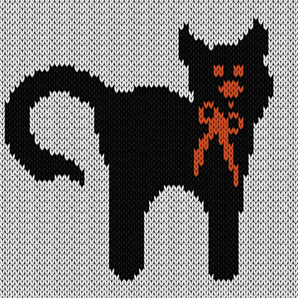 Lustige Schwarze Katze Mit Roter Krawatte Über Weißem Strickvektormuster Als — Stockvektor