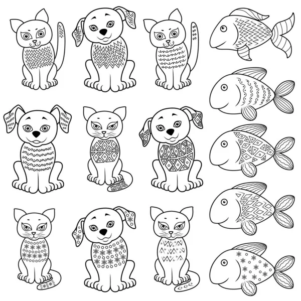 一套有趣的卡通猫 狗和鱼与各种装饰设计元素 手绘矢量艺术品 — 图库矢量图片