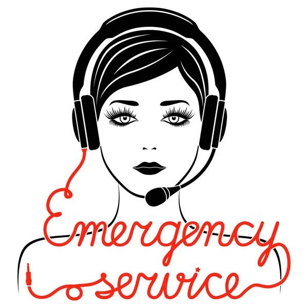 Girl in headphones with microphone and with red cable as a inscription, Emergency service concept vector outline