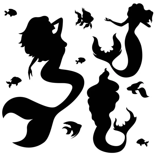 Mermaid Fish Black Silhouettes Isolated White Background Vector Illustration — Stock Vector