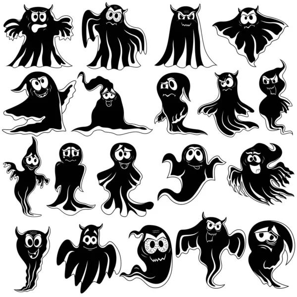 Collection Nineteen Amusing Flying Black Halloween Phantom Stencils Various Characters — Stock Vector