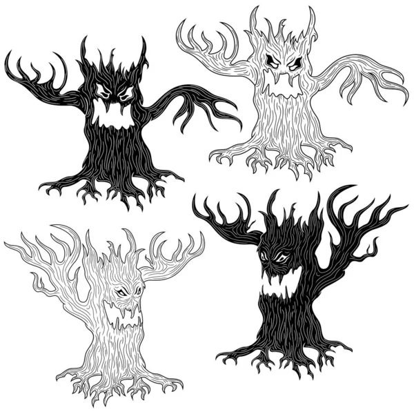 Halloween Tecknad Uppsättning Två Par Aggressiva Onda Träd Stencilen Och — Stock vektor