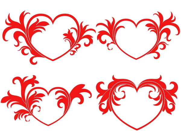 Conjunto Cuatro Corazones Rojos San Valentín Con Elementos Florales Patrón — Vector de stock