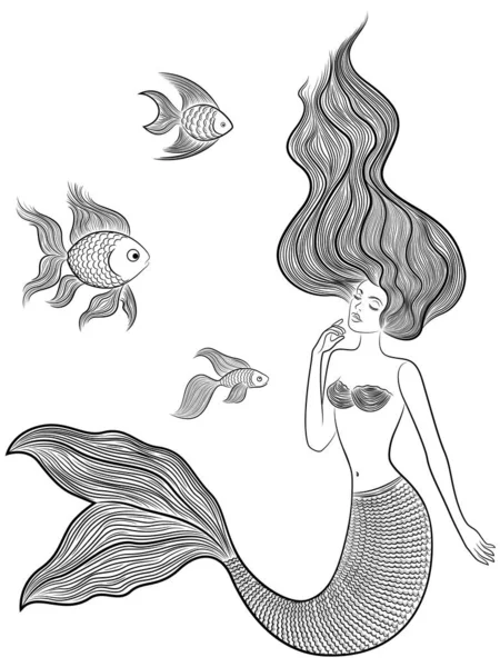 Merveille Sirène Aux Cheveux Ondulés Lâches Luxueux Longue Queue Poisson — Image vectorielle