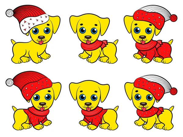 Conjunto Seis Divertidos Pappies Amarillos Ropa Navidad Brillante Aislado Fondo — Archivo Imágenes Vectoriales