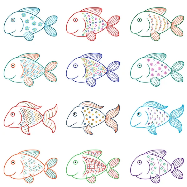 Ensemble Douze Amusants Poissons Dessin Animé Avec Divers Éléments Conception — Image vectorielle