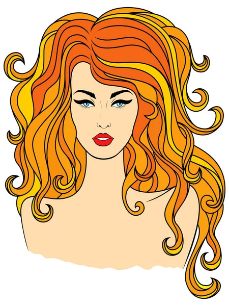时尚时尚女孩与豪华波浪形红头发 手绘颜色向量在白色背景 — 图库矢量图片