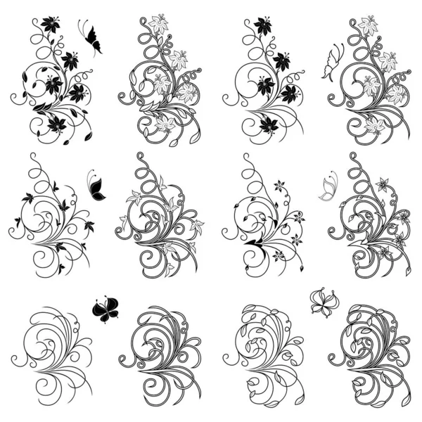 Set Swirl Zwart Wit Bloemmotief Elementen Met Bloemen Vlinders Geïsoleerd — Stockvector